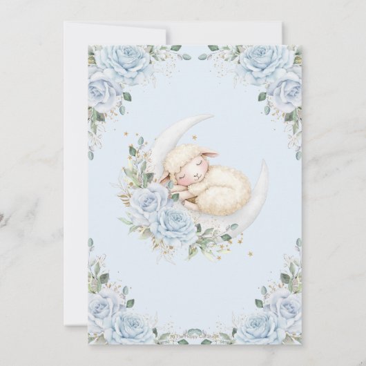 Sweet Lamb Moon Soft Blue Floral Boy Baby shower Kaart (Achterkant)