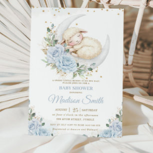 Sweet Lamb Moon Soft Blue Floral Boy Baby shower Kaart