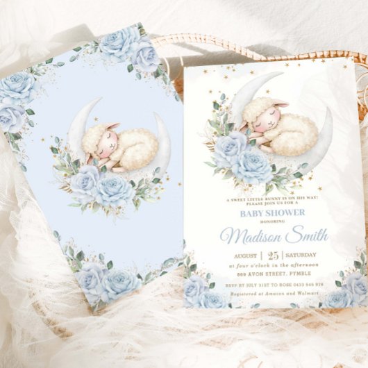 Sweet Lamb Moon Soft Blue Floral Boy Baby shower Kaart