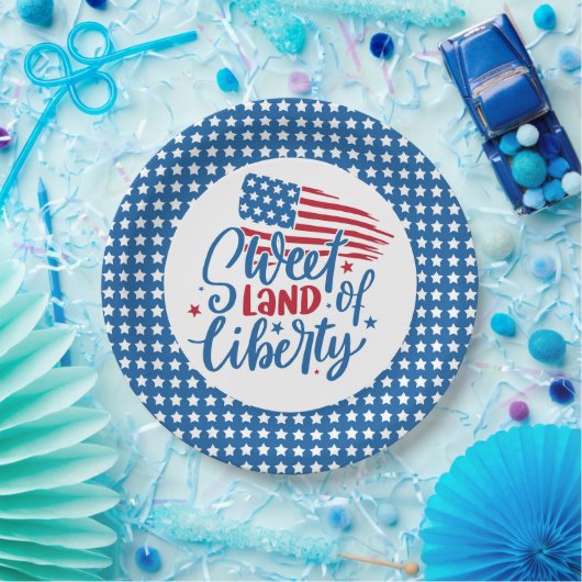 Sweet Land of Liberty Blue Stars Patriottisch Papieren Bordje (Feest)