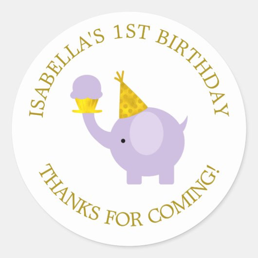 Sweet Lavender Elephant Birthday Party Ronde Sticker (Voorkant)