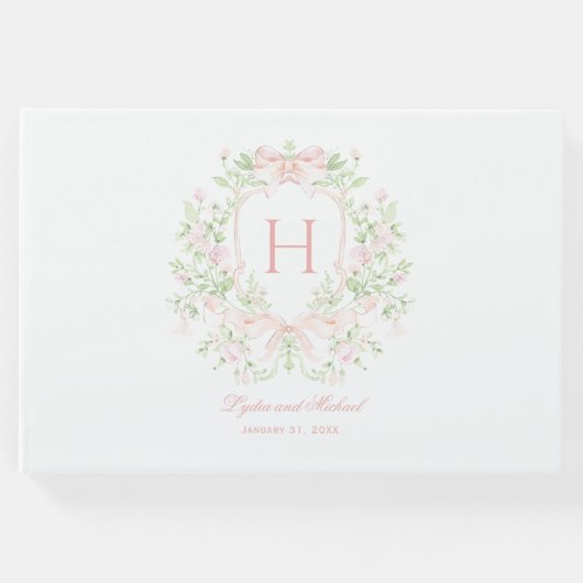 Sweet Leaf Crest w / Roze Bogen | Monogram bruilof Gastenboek (Voorkant)