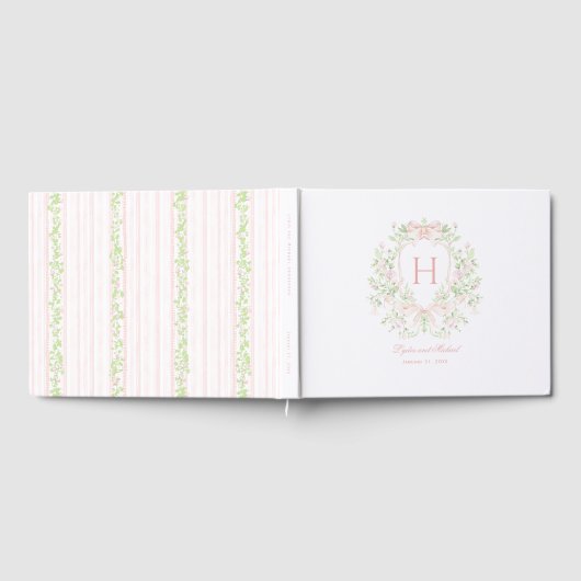 Sweet Leaf Crest w / Roze Bogen | Monogram bruilof Gastenboek (Volledig)