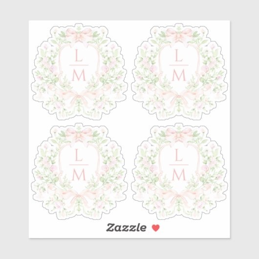 Sweet Leaf Crest w / Roze Bogen | Monogram bruilof Sticker (Vel)