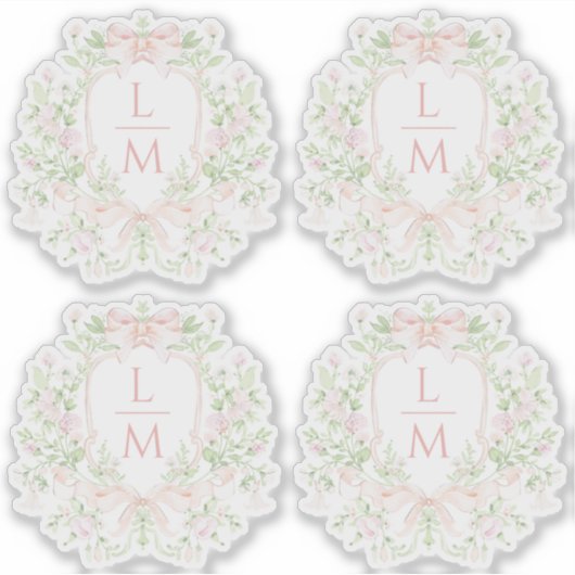Sweet Leaf Crest w / Roze Bogen | Monogram bruilof Sticker (Voorkant)
