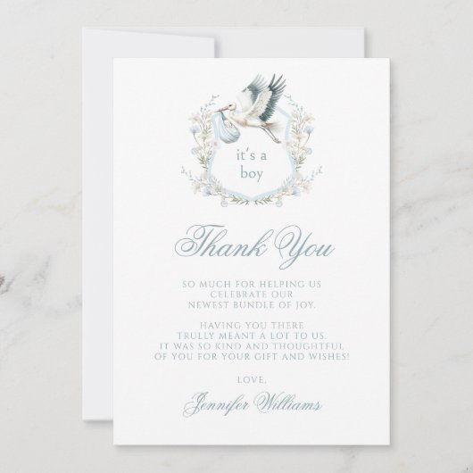 Sweet Light Blue Stork Crest Baby Boy Shower Bedankkaart (Voorkant)