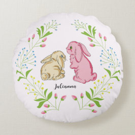 Sweet Light Pink Bunny Wreath Round Pillow Rond Kussen