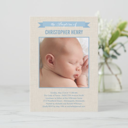 Sweet Linen Fotodoop uitnodiging - Blauw (Staand voorkant)