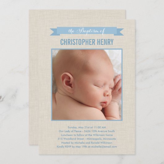 Sweet Linen Fotodoop uitnodiging - Blauw (Voorkant / Achterkant)