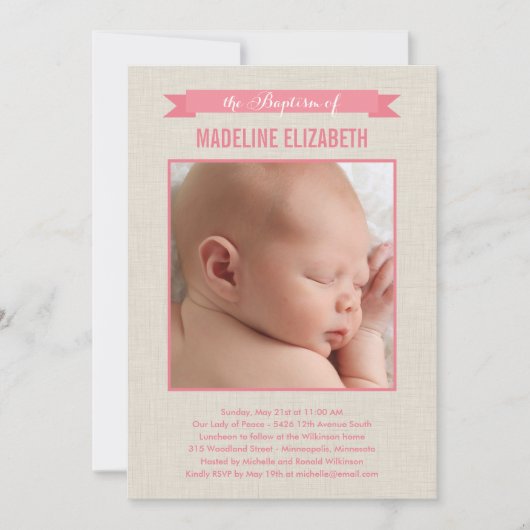 Sweet Linen Photo Baptism Invitation - Roze Kaart (Voorkant)