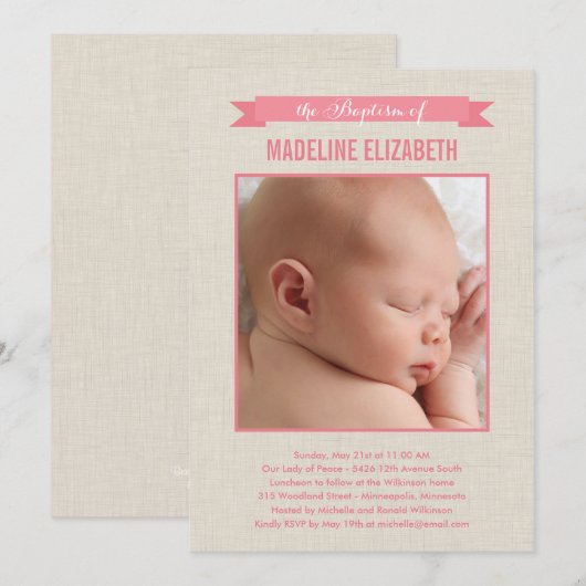 Sweet Linen Photo Baptism Invitation - Roze Kaart (Voorkant / Achterkant)