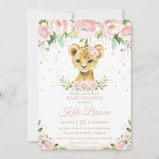 Sweet Lion Blush Roze Bloemen Goud Meisje Baby sho Kaart (Voorkant)