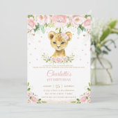 Sweet Lion Cub Blush Roze Bloemen Goud 1e Verjaard Kaart (Staand voorkant)