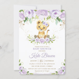Sweet Lion Cub Paarse Bloemen Meisje Baby shower Kaart