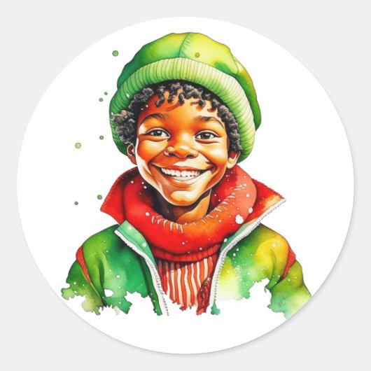 Sweet Little Boy Waterverf Kerst Ronde Sticker (Voorkant)