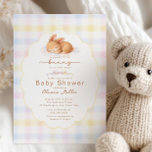 Sweet Little Bunny Baby Shower Invitation Kaart<br><div class="desc">Celebrate the upcoming arrival with this adorable “A Sweet Little Bunny Is on the Way” baby shower invitation. This charming design features a sleeping watercolor bunny surrounded by soft pastel gingham for a gentle, dreamy look. The elegant scalloped frame and delicate script typography create a timeless style perfect for a...</div>