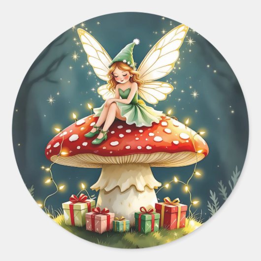 Sweet Little Christmas Fairy on Mushroom Ronde Sticker (Voorkant)