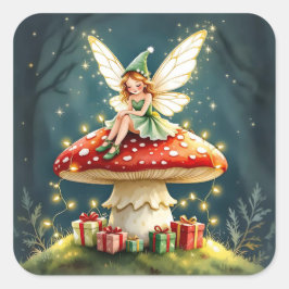 Sweet Little Christmas Fairy on Mushroom Vierkante Sticker