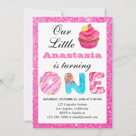 Sweet Little Cupcake Roze Glitter 1st Birthday One Kaart (Voorkant)