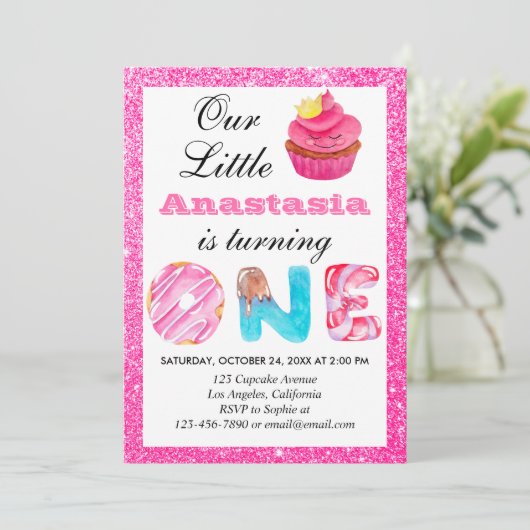 Sweet Little Cupcake Roze Glitter 1st Birthday One Kaart (Staand voorkant)