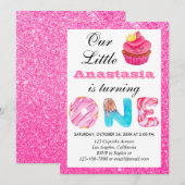 Sweet Little Cupcake Roze Glitter 1st Birthday One Kaart (Voorkant / Achterkant)