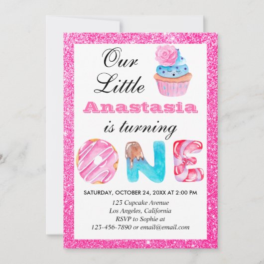 Sweet Little Cupcake Roze Glitter 1st Birthday One Kaart (Voorkant)