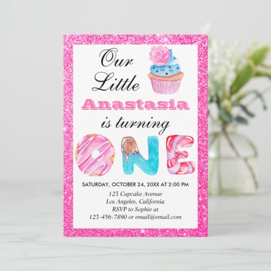 Sweet Little Cupcake Roze Glitter 1st Birthday One Kaart (Staand voorkant)