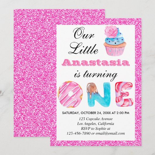 Sweet Little Cupcake Roze Glitter 1st Birthday One Kaart (Voorkant / Achterkant)