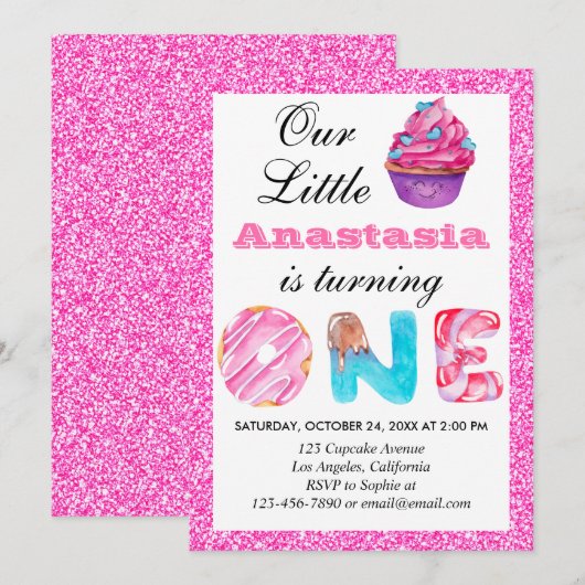 Sweet Little Cupcake Roze Glitter 1st Birthday One Kaart (Voorkant / Achterkant)