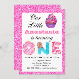 Sweet Little Cupcake Roze Glitter 1st Birthday One Kaart