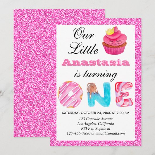 Sweet Little Cupcake Roze Glitter 1st Birthday One Kaart (Voorkant / Achterkant)