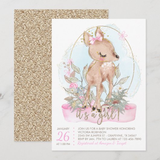 Sweet Little Deer Baby shower Invitation Kaart (Voorkant / Achterkant)