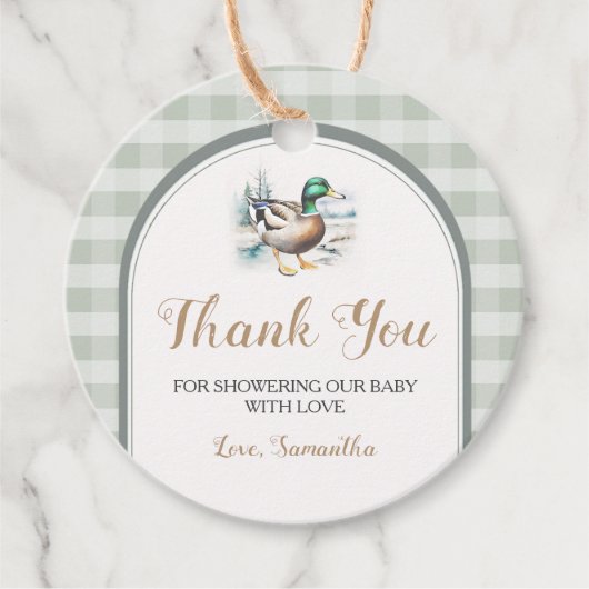 Sweet Little Duckling Mallard Gingham Baby shower Bedankjes Labels (Voorkant)