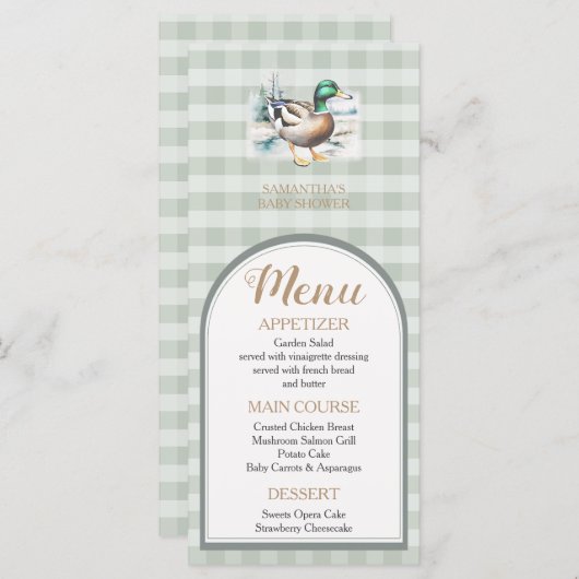 Sweet Little Duckling Mallard Gingham Baby shower Menu (Voorkant / Achterkant)