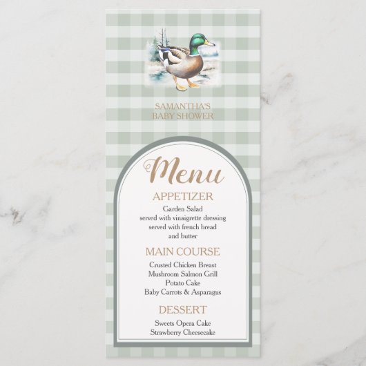 Sweet Little Duckling Mallard Gingham Baby shower Menu (Voorkant)