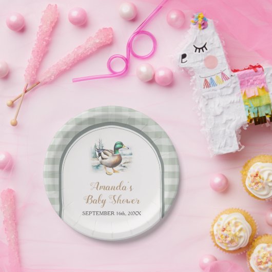 Sweet Little Duckling Mallard Gingham Baby shower Papieren Bordje (Feest)