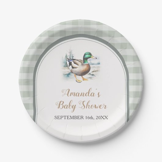 Sweet Little Duckling Mallard Gingham Baby shower Papieren Bordje (Voorkant)