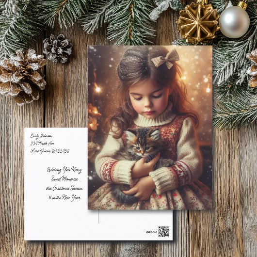 Sweet Little Girl en Kitten Kerstmis Briefkaart
