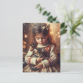 Sweet Little Girl en Kitten Kerstmis Briefkaart (Staand voorkant)