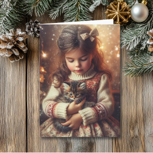 Sweet Little Girl en Kitten Kerstmis Kaart