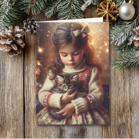 Sweet Little Girl en Kitten Kerstmis Kaart
