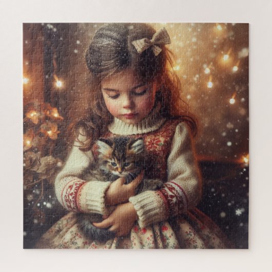 Sweet Little Girl en Kitten Kerstmis Legpuzzel (Verticaal)