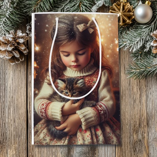 Sweet Little Girl en Kitten Kerstmis Medium Cadeauzakje