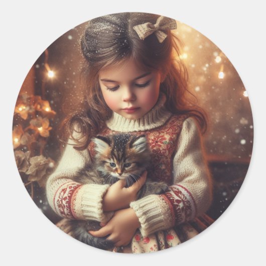 Sweet Little Girl en Kitten Kerstmis Ronde Sticker (Voorkant)