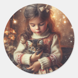 Sweet Little Girl en Kitten Kerstmis Ronde Sticker