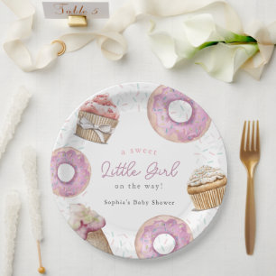 Sweet Little Girl Pink Cupcake & Donut Baby shower Papieren Bordje