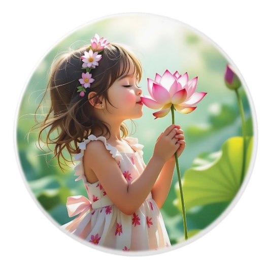 Sweet Little Girl Smelling a Flower Keramische Knop (Voorkant)