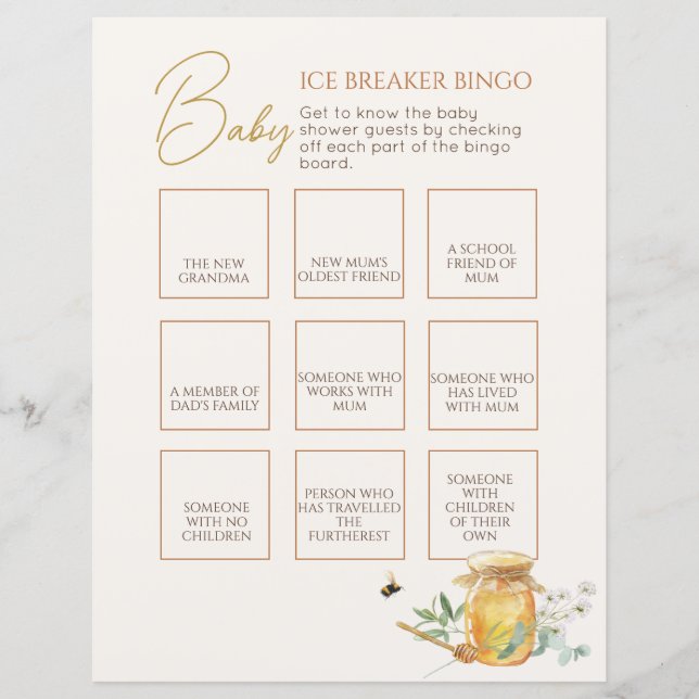 Sweet Little Honey Baby shower Bingo spel (Voorkant)