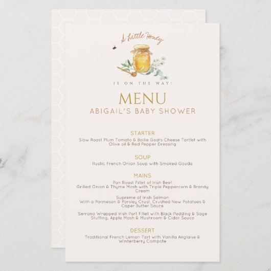 Sweet Little Honey Baby shower Menu (Voorkant / Achterkant)
