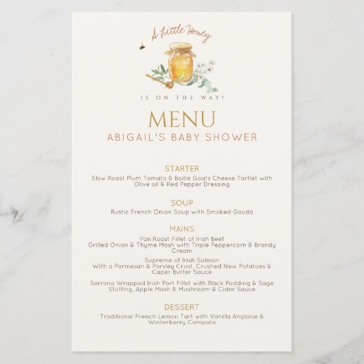 Sweet Little Honey Baby shower Menu (Voorkant)